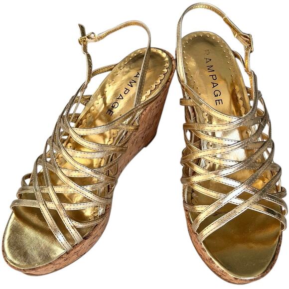 Rampage Gold Metallic Strappy Sandal Womens Sz 8 Cork Wedges Glam Holiday‎ Club - Picture 2 of 14